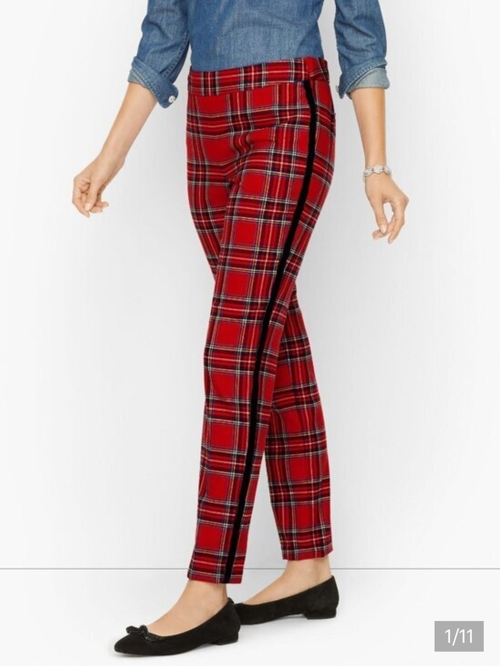 Talbots Red Plaid Slim Ankle Pants with Black Side Stripe - Size 14
